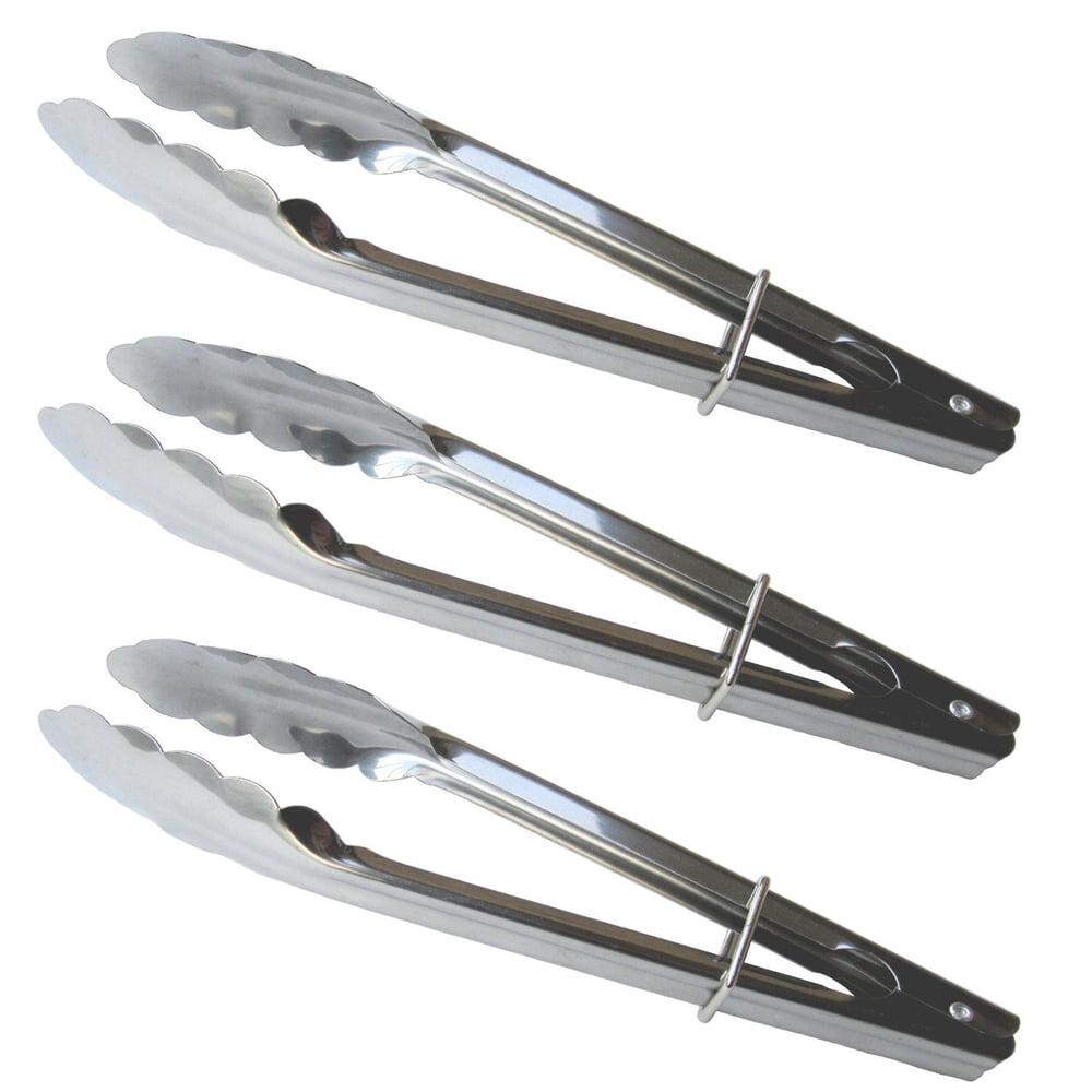 Set of 3 Stainless Steel Clam Shell Food Service Tongs with Sliding