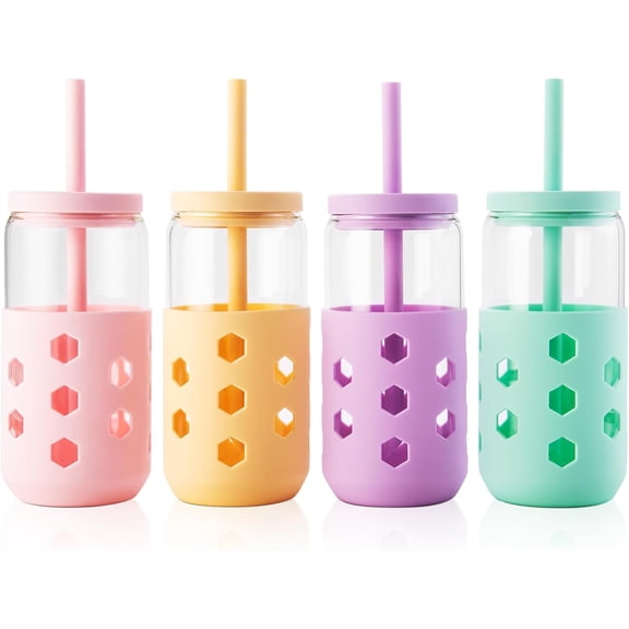 Glass Cups with Lids and Straws (4 Pcs), 16oz Drinking Glasses Set with Silicone Sleeves for Coffee Bar Accessories Iced Coffee Cups with Lids, Glass Tumbler Reusable for Gifts