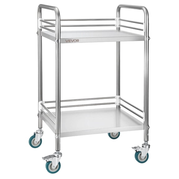 Dranite Stainless Steel 2-Tier Utility Cart with Locking Wheels, Heavy Duty Rolling Service Cart for Lab, Kitchen, Salon, Hospital, Restaurant & Clinic Storage