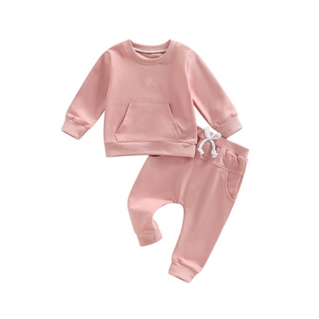 

Sunisery Toddler Baby Girls Boys 2Pcs Outfits Solid Color Long Sleeve Pocket Sweatshirts Tops + Elastic Waist Long Pants Pink 6-12 Months