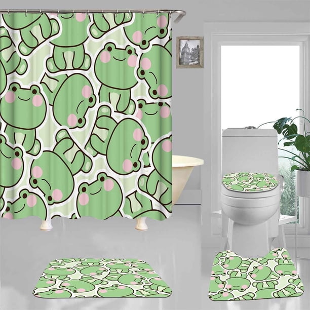 Juego de 4 cortinas de ducha con dibujos de ranas, decoración de baño para niñas y niños con flores rosas, cortina de ducha de tela impermeable, alfombra de baño antideslizante, regalos de hongos