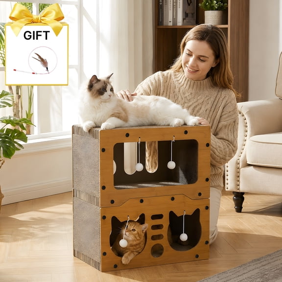 Double-layer cat scratching post with double cat heads design