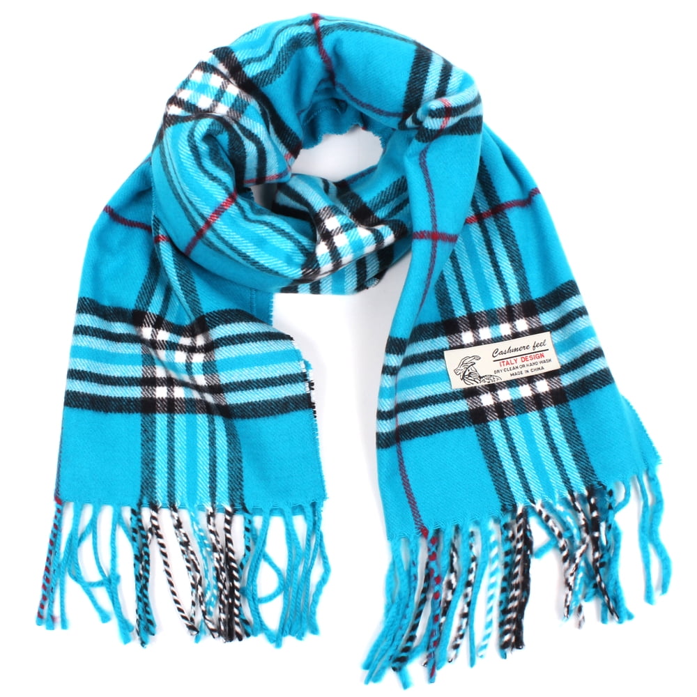 Women Men Sky Blue Plaid Scarves Cashmere Feel Classic Warm Soft with