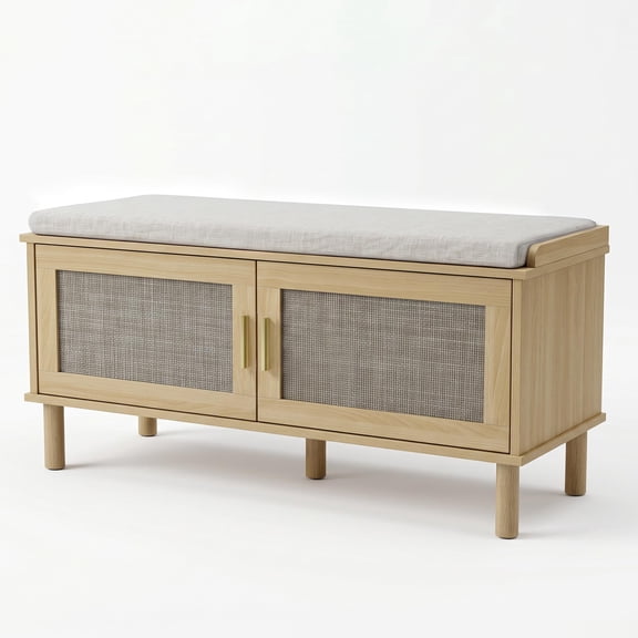 Entryway Shoe Storage Bench with Cushion, Mudroom and Hallway Seat, Storage Cabinet with Rattan Doors, Shoe Rack Organizer for Bedroom, 39.3 Inch