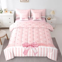 jejeloiu Chic Dots Bowknot 7-Piece Twin Bedding Sets,Cute Cartoon Crown Bedding Comforter Set,Pink Ribbon Bowtie Sheet Sets For Kids,Breathable Home Decor Reversible