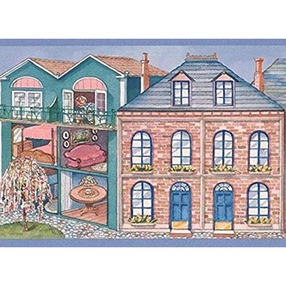 Concord Wallcoverings Wallpaper Border Place Pattern City Retro Mansions for Living Room, Blue Yellow Pink Red Green, 6.75 Inches by 15 Feet 5803090