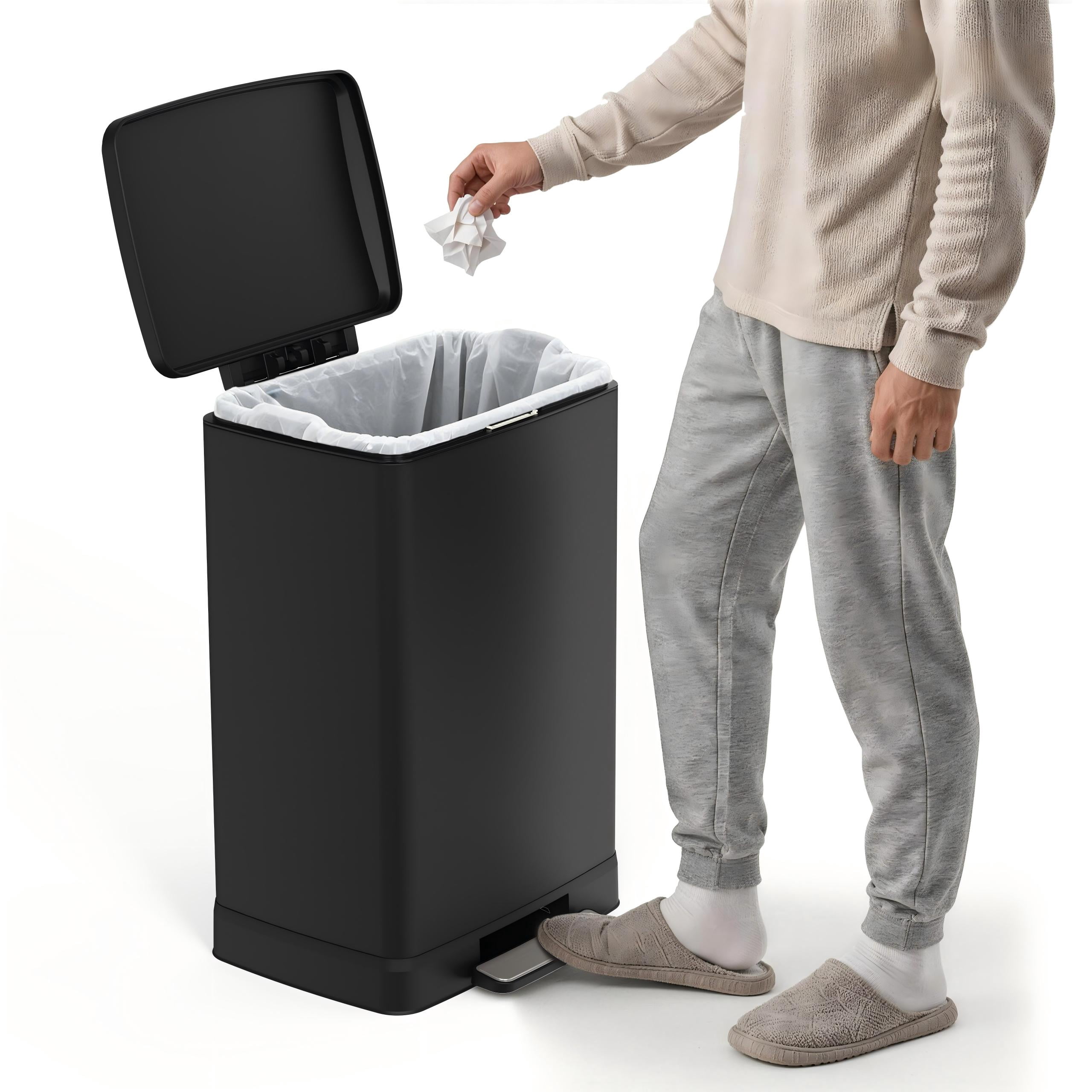 Stainless Steel Step Trash Can 17.2 Gallon Black Hands-Free with Removable Inner Bucket for Kitchen Bathroom