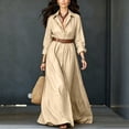 thumbnail image 2 of Women's Collared Button Front Shirt Maxi Dress, Long Sleeve Waist Tie Belted Dress, Casual Commuter Vacation Flowy Long Dress for Summer Outfits Beige XL(XL), 2 of 9