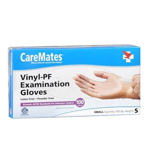 CareMates Vinyl-PF Exam Gloves, Small, 100 Count