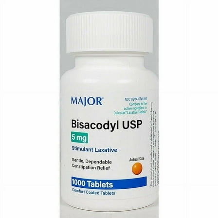 Major Bisacodyl USP Stimulant Laxative Coated Tablets, 5 mg, 1000 Count