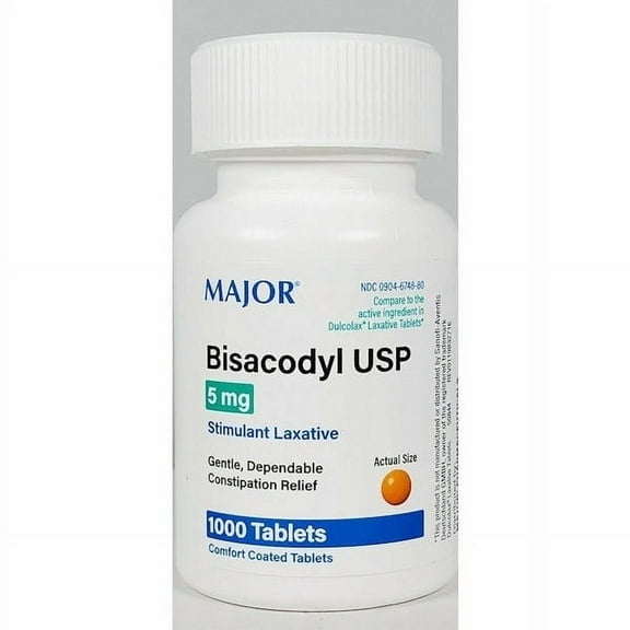 Major Bisacodyl USP Stimulant Laxative Coated Tablets, 5 mg, 1000 Count