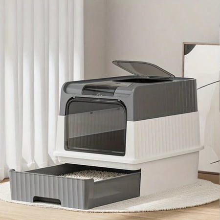 odorsTT Foldable Enclosed Cat Litter Box with Drawer and Lid – Top Entry Splash-Proof Pet Toilet for Small Medium Cats and Indoor Cat Homes - Grey