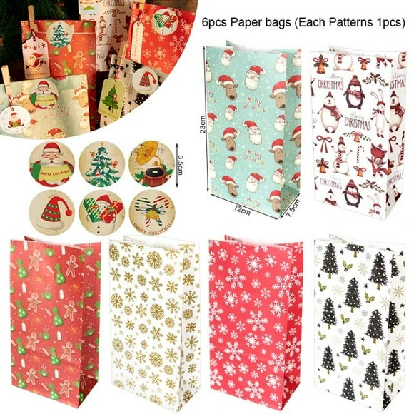 Lot de 6 sacs en papier Kraft de noël pochette à biscuits père noël bonhomme de neige renard bonbons sac cadeau pour fête de noël fournitures d‘emballage