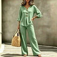 thumbnail image 4 of LEKWK Vacation Outfits for Women Plaid 2 Piece Lounge Set Ruffle 3/4 Sleeve Button Front Top and Wide Leg Pants Matching Outfits Home Sleepwear, 4 of 7