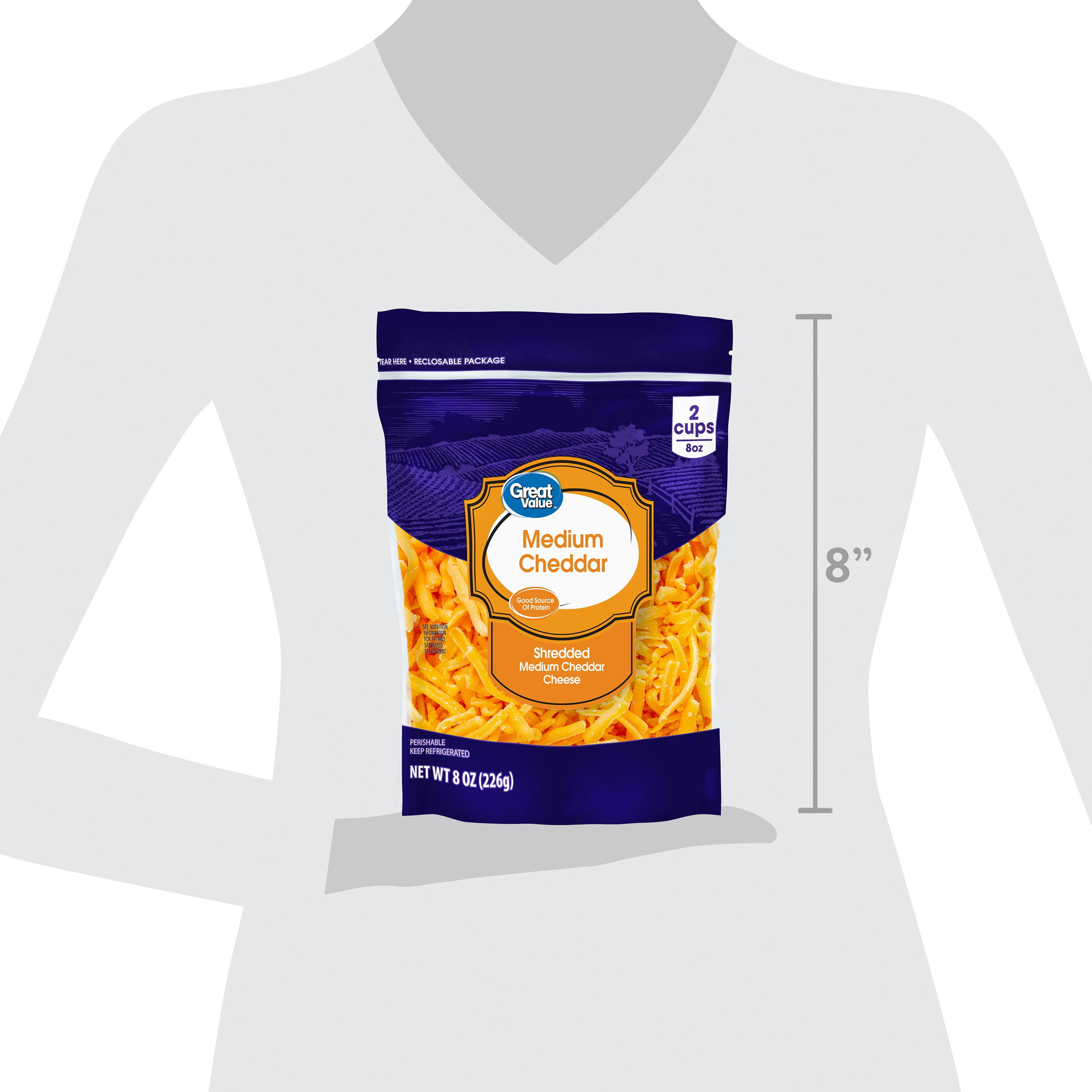 Great Value Medium Cheddar Shredded Cheese, 8 oz Bag