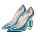 thumbnail image 2 of FSJ Women Sexy Crystal Chunky Block High Heel Pumps Rhinestone Pointed Closed Toe Slip On Bridal Party Wedding Dressy Shoes Size 9 Turquoise Studded, 2 of 5