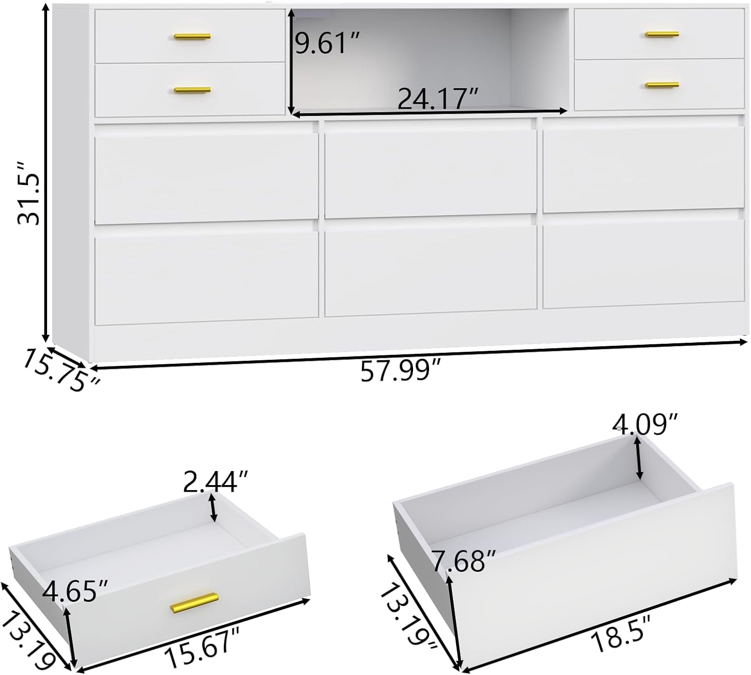 10-Drawer White Dresser with Charging Station and LED Lights, 58" Triple Wide TV Stand for TVs up to 65", Large Organizer with Open Cubby – STIKELY