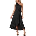 thumbnail image 1 of INSPIRE CHIC Vestido de cóctel de satén sin mangas con un solo hombro, con cinturón y abertura con volantes en negro M, 1 of 6