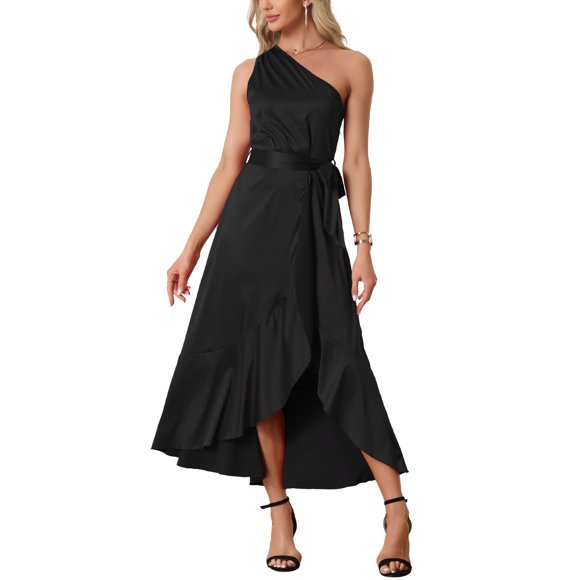 INSPIRE CHIC Vestido de cóctel de satén sin mangas con un solo hombro, con cinturón y abertura con volantes en negro M