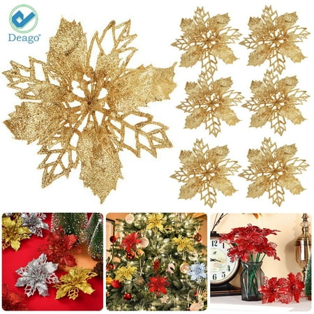 Deago Set of 6 Pcs Christmas Poinsettia Flowers Ornaments Glitter Floral Accessories Xmas Wreath Tree Decorations for Party Home Wedding