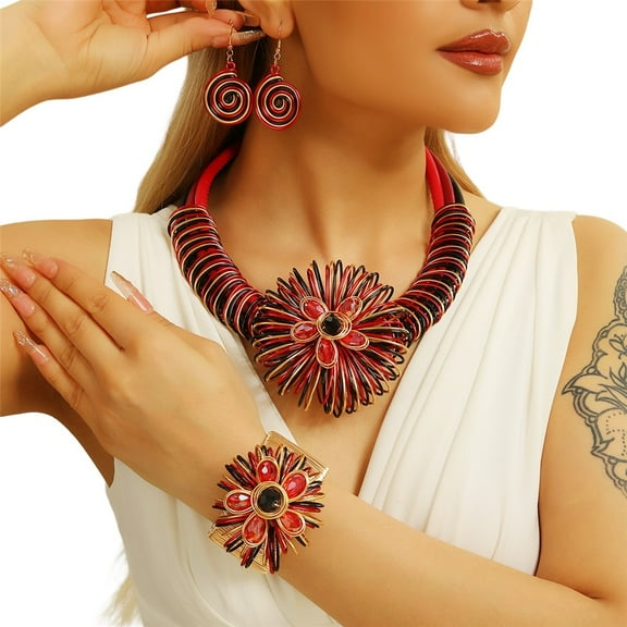 Statement African Aluminum Wire Big Flower Necklace and Earring Bangle Set For Women Tribal Fashion Colorful Big Rhinestone Crystal Pendent Collar Choker Bold Chunky Bib Handmade