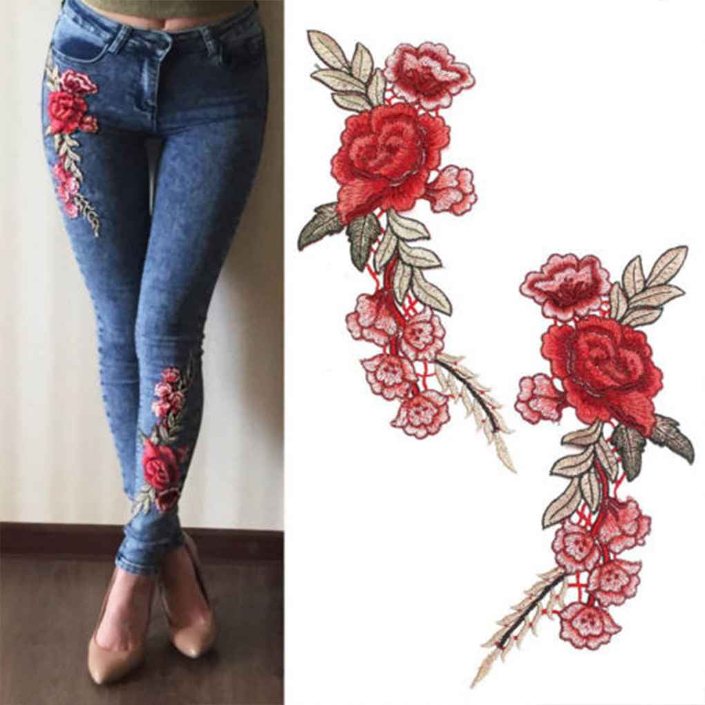 Red Green Embroidered Applique Flower Patch Sew On DIY Rose Leaf Vine 5"