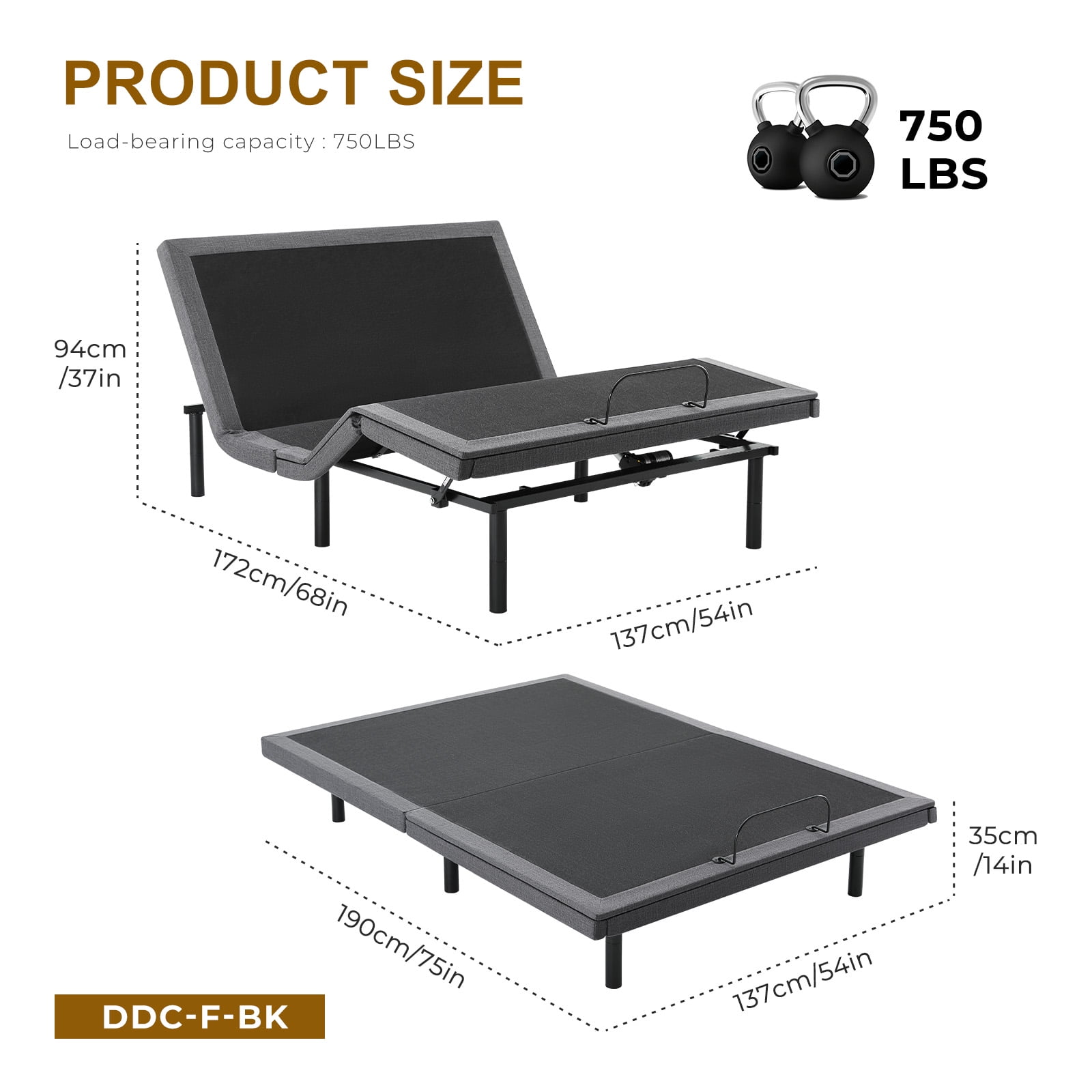 GIANNA Full Size Electric Bed Frame, Zero Gravity, With Wireless Remote, 2 USB Ports, Black