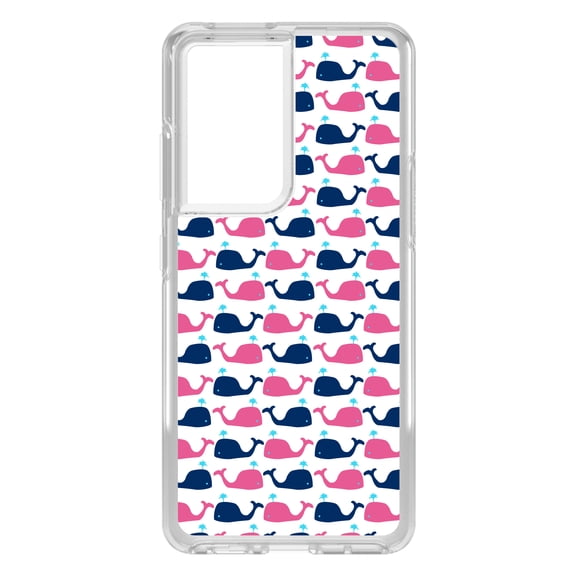 DistinctInk Clear Shockproof Hybrid Case for Galaxy S21 ULTRA 5G (6.8" Screen) - TPU Bumper, Acrylic Back, Tempered Glass Screen Protector - Pink Navy Cartoon Whales - Cartoon Whales