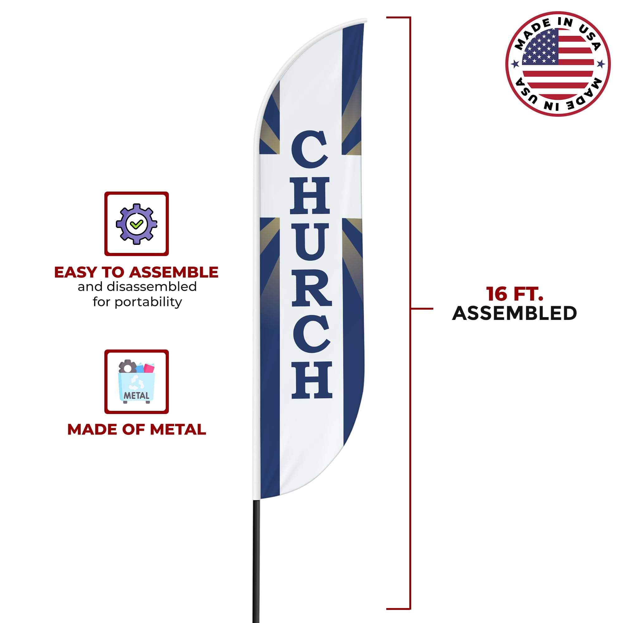Church Sign feather flag for Outdoor by Mavis Printing | 11.5 FEET Long Polyester Outdoor Banner Flag for Easy Hang | HD Print Swooper I Flag Only to Promote Church Activity| Made in USA I Flag Only