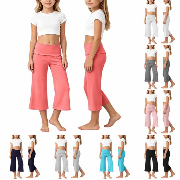 Weebloom Girls Flared Leggings Bell Bottoms High Waist Solid Color Wide Leg Loose Casual Cropped Capris Yoga Dance Pants Rose Gold 13-14 Years