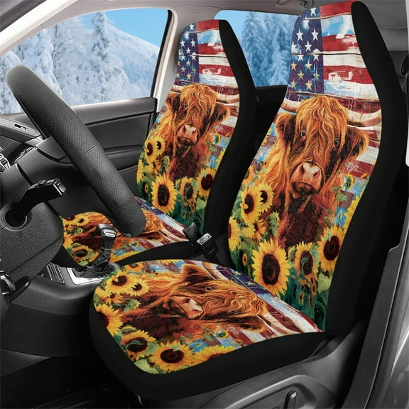 Garronmavis Fluffy Car Seat Covers 2 Piece Car Seat Covers High Back Stretch Front Seat Protectors Fits Most Cars American Flag Sunflower Highland Cow
