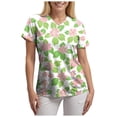 thumbnail image 3 of felwors Print Scrub Tops Women Floral Scrubs V Neck Short Sleeve Stretch Nurse Uniform with Pockets Functional Workwear (Light Green, L), 3 of 5