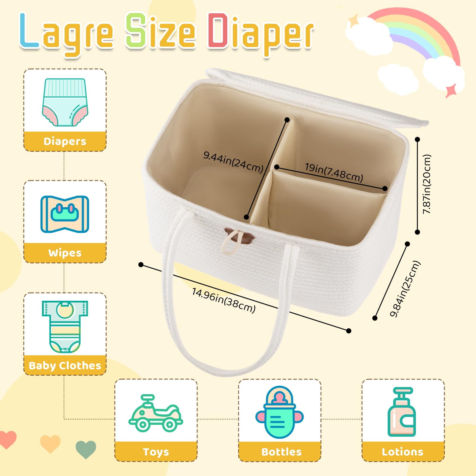 DIY.STORE Large Diaper Caddy Organizer for Baby, Portable Baby Basket with Handles, Baby Gift Basket for Newborn, Diaper Organizer for Changing Table and Car- White