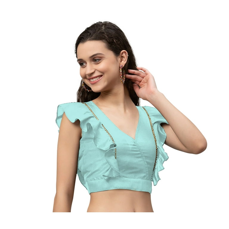 eloria Women Ruffle Sleeveless Saree Blouse V Neck Summer Casual Sari Top Color : Light Sea Green, SIZE : 44 - Walmart.com