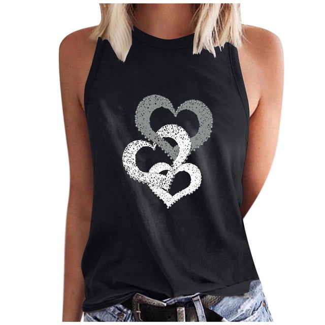 Timegard Camisoles pour Femmes Col Rond Imprimé Cœur Sans Manches Confortables Décontractées Amples Chemises Hauts Blouse