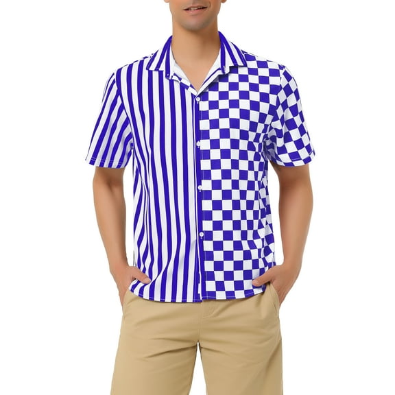 MODA NOVA Big & Tall Men's Striped Printed Plaid Shirt Short Sleeve Blue White LT