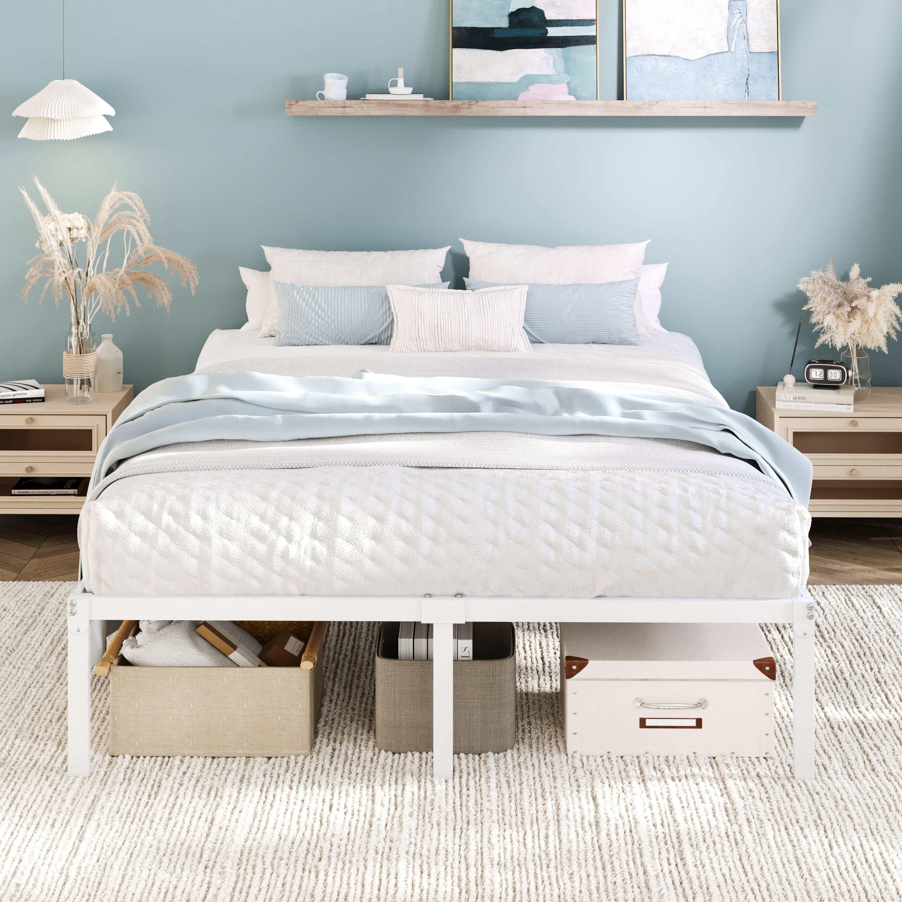 Einfach Full Bed Frame, Heavy Duty Metal Platform Bed with Ample Under-bed Storage Space, No Box Spring Needed, White