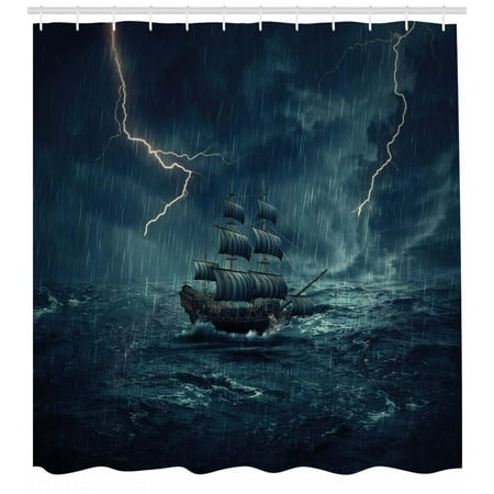 Shop Shower Curtain Landscape Shower Curtain, Stormy Rainy Weather Waves Pirate Vintage Ship Sailing Oil Paint, Fabric Bathroom Set with Hooks, White and Dark Cadet Blue, by Ambesonne ()
