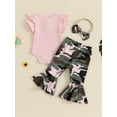 thumbnail image 4 of Suealasg 3Pcs Newborn Baby Girl Outfits Short Sleeve Ribbed Romper + Camouflage Print Flared Pants + Headband Set 3 6 12 18 Months Infant Girls Summer Clothes, 4 of 8
