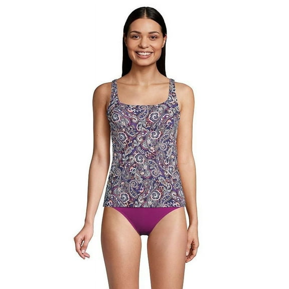 Lands' End Womens Chlorine Resistant Square Neck Tankini Top Deep Sea Navy Retro Paisley Regular 8