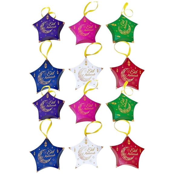 12Pcs Eid Mubarak Candy Boxes, Five-pointed Star Shape Eid Favour Boxes, Small Paper Eid Gift Boxes for Islamic Muslim Gifts Candy Chocolate Box Decorations