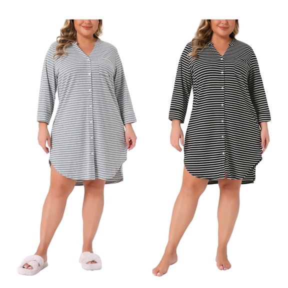 NOMADIC NOOK Women's Plus Size 2 Pieces Sleepshirt Stripe Button Down V Neck 3/4 Sleeve Soft Pajamas Dress Lounge Nightdress with Pocket 1X Gray/Black