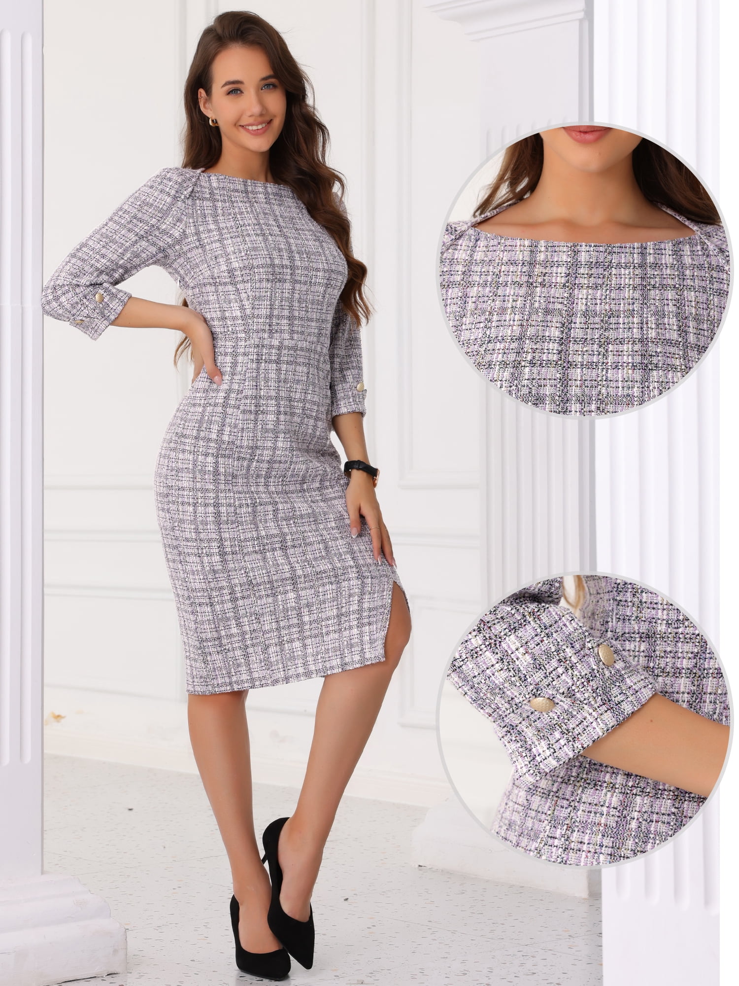DARING DIVA Women's Tweed Fall Elegant Boat Neck 3/4 Sleeve Dress XL White Purple