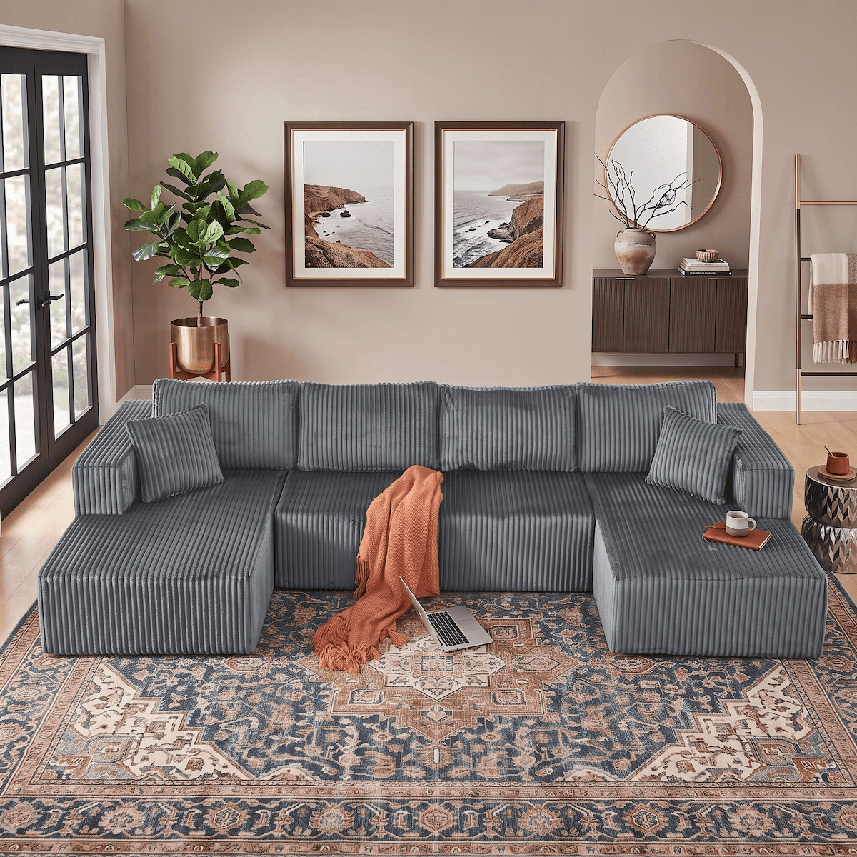 132" Cloud Couch Modular Sectional Sofa, U Shaped Sleeper Sofa Bed, Oversized Chaise, Reversible Corduroy Modular Couch for Living Room, Apartment, No Assembly (Dark Gray)