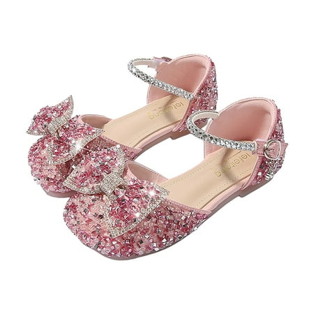 Gvdentm Toddler Girls Dress Shoes Open Front Bow Sequins Sandals for Girls Kids Princess Wedding Formal Ankle High Heel Shoes Girls Sparkle Shoes (10 Red)
