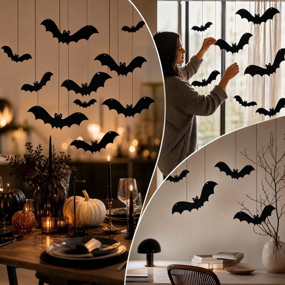 HHJZPR Halloween Summerween Hanging Black Bat Decorations, Multi‑Size Paper Bat Cutouts Ornaments for Window Ceiling Wall Halloween Party Home Decor