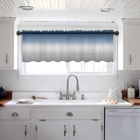 Navy Blue Gray Ombre Valance Curtains for Kitchen/Living Room/Bathroom/Bedroom Window, Modern Gradient Abstract Art Rod Pocket Small Topper Half Short Window Curtains Voile Sheer Scarf 60"x18"