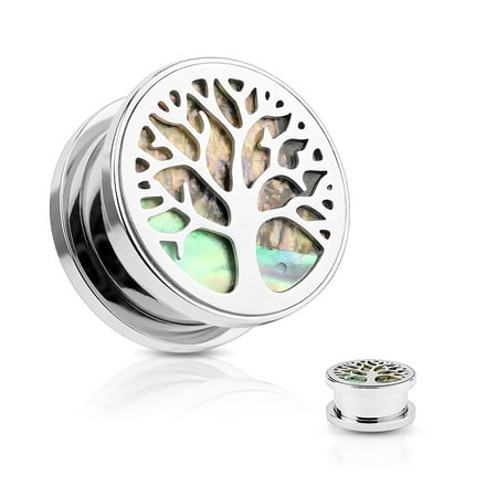 Abalone Inlaid Under Life Tree Screw Fit Flesh Tunnel Plugs