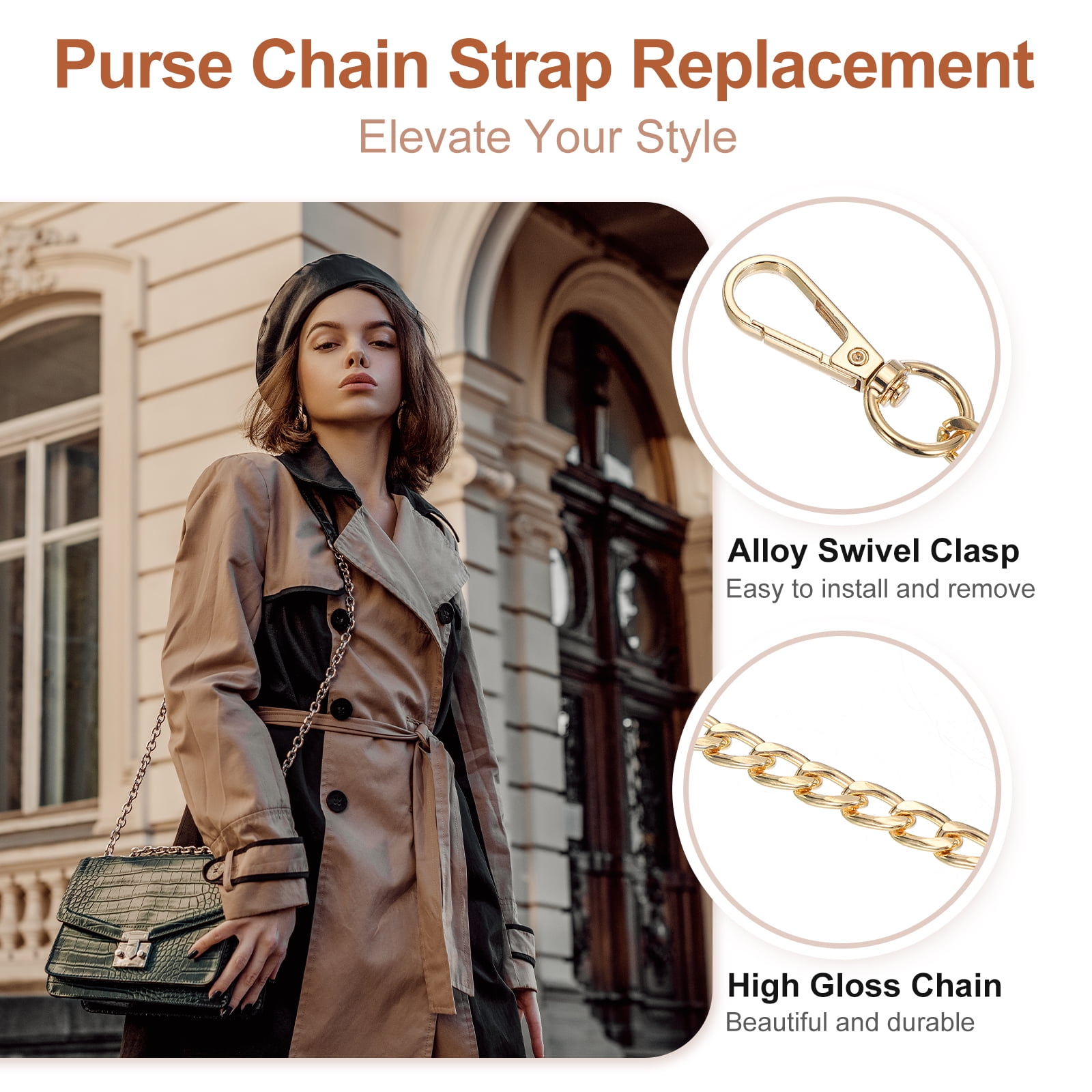 Uxcell Purse Chain Strap Iron Flat Chain Strap Alloy Handles Bag Strap Replacement Gold 24"