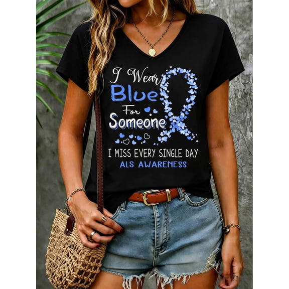 I Wear Blue for Someone ALS Awareness V Neck T-Shirt Cotton Women's V Neck Graphic Tee, Casual Short Sleeve Shirt,Vacation Outfit